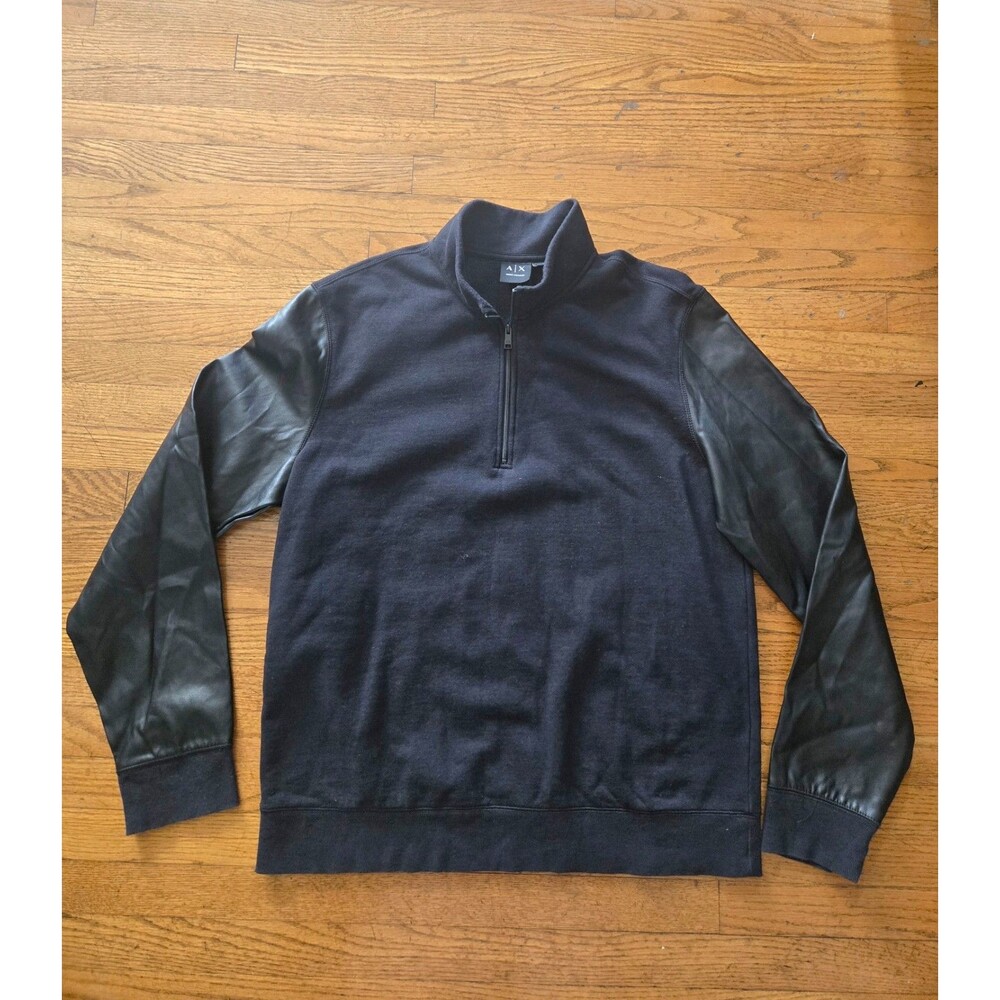 Armani Exchange Mens Faux Leather Quarter Zip Pullover Black Size XL